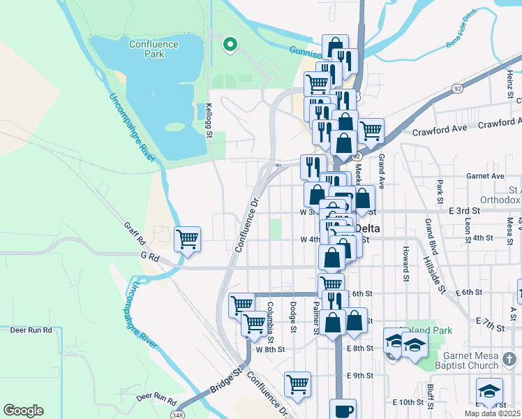 map of restaurants, bars, coffee shops, grocery stores, and more near 421 W 3rd St in Delta
