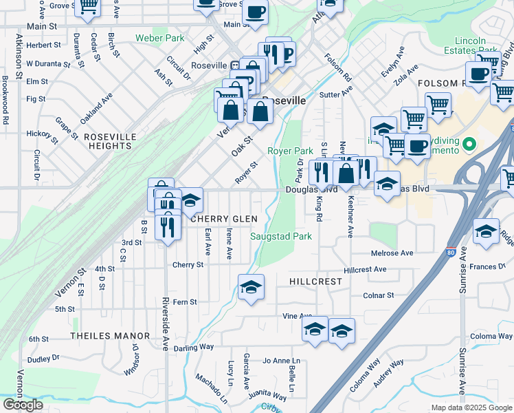 map of restaurants, bars, coffee shops, grocery stores, and more near 108 Willow Avenue in Roseville