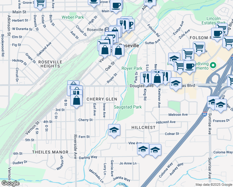 map of restaurants, bars, coffee shops, grocery stores, and more near 108 Willow Avenue in Roseville