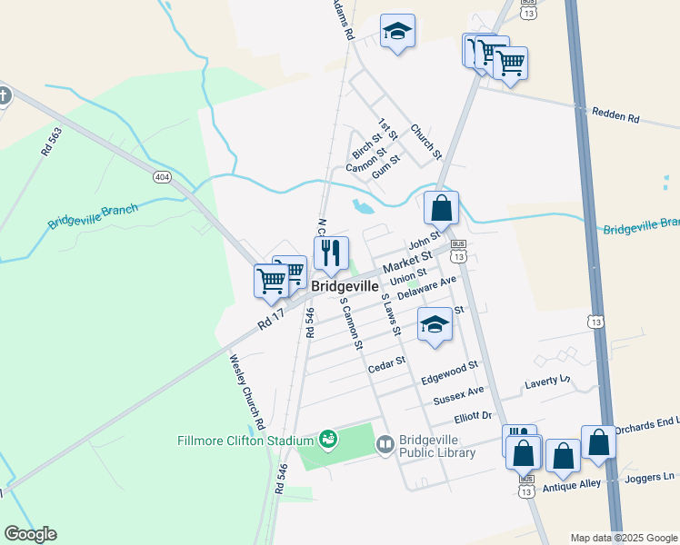map of restaurants, bars, coffee shops, grocery stores, and more near 310 Market Street in Bridgeville