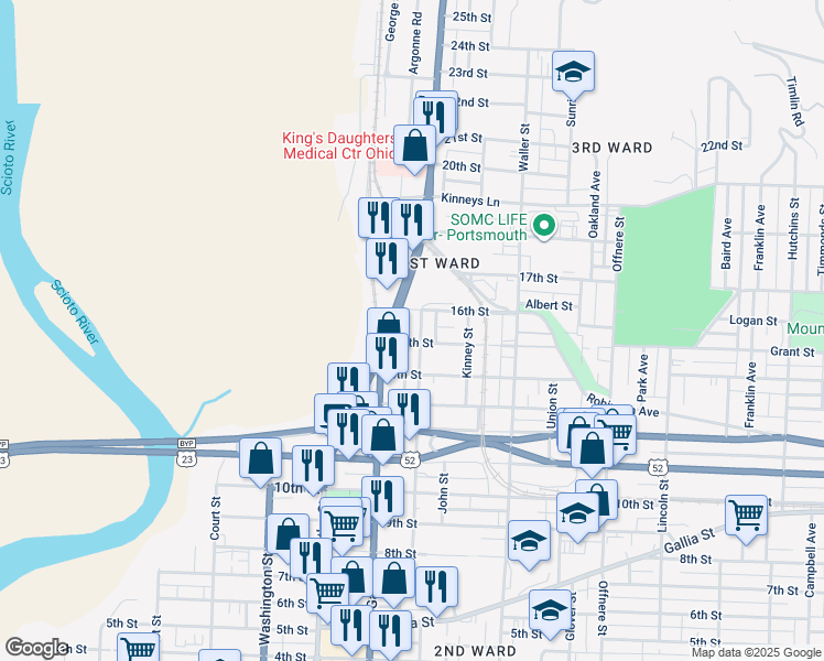 map of restaurants, bars, coffee shops, grocery stores, and more near 1525 Chillicothe Street in Portsmouth