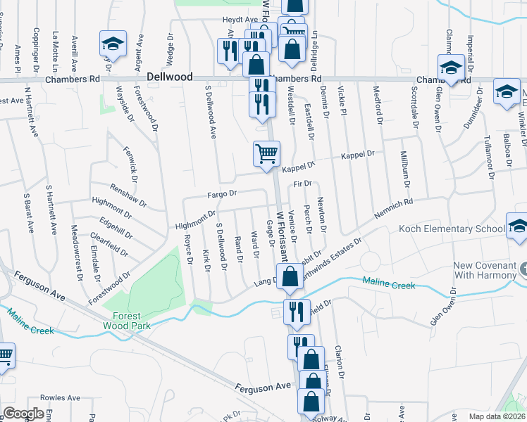 map of restaurants, bars, coffee shops, grocery stores, and more near 1345 Highmont Drive in Ferguson