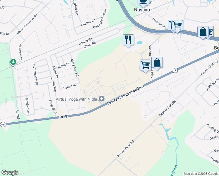 map of restaurants, bars, coffee shops, grocery stores, and more near 24258 Zinfandel Lane in Lewes