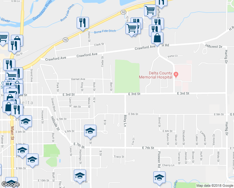 map of restaurants, bars, coffee shops, grocery stores, and more near 1199 East 3rd Street in Delta