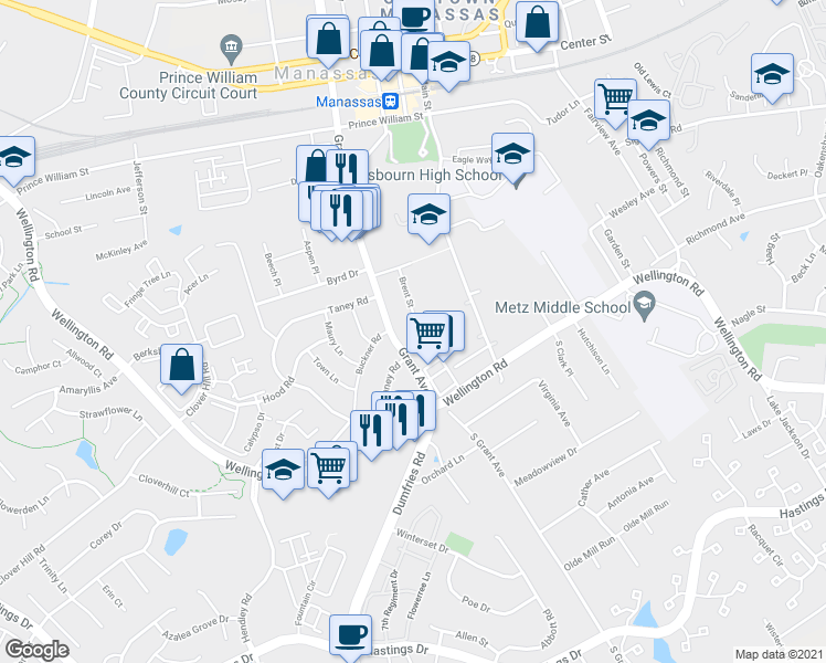 map of restaurants, bars, coffee shops, grocery stores, and more near 9021 Sandalwood Drive in Manassas