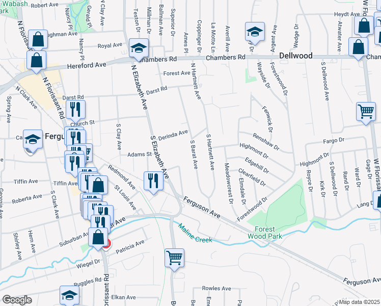 map of restaurants, bars, coffee shops, grocery stores, and more near 141 South Barat Avenue in Ferguson