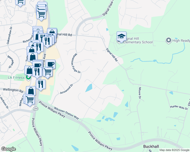 map of restaurants, bars, coffee shops, grocery stores, and more near 9806 Cisler Lane in Manassas