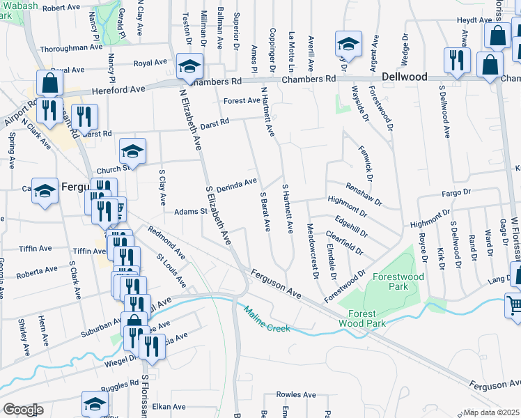 map of restaurants, bars, coffee shops, grocery stores, and more near 141 South Barat Avenue in Ferguson