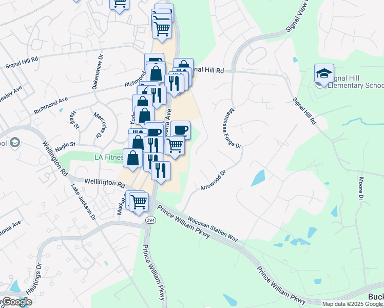 map of restaurants, bars, coffee shops, grocery stores, and more near 9702 Janet Rose Court in Manassas
