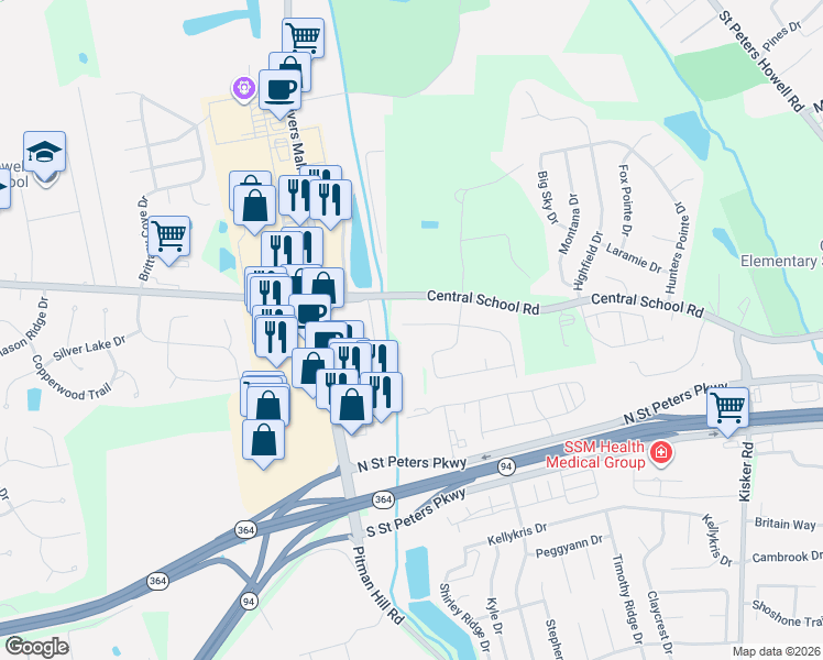 map of restaurants, bars, coffee shops, grocery stores, and more near 23 Willow Way in Saint Charles