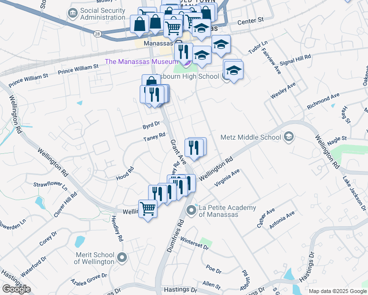 map of restaurants, bars, coffee shops, grocery stores, and more near 9021 Sandalwood Drive in Manassas