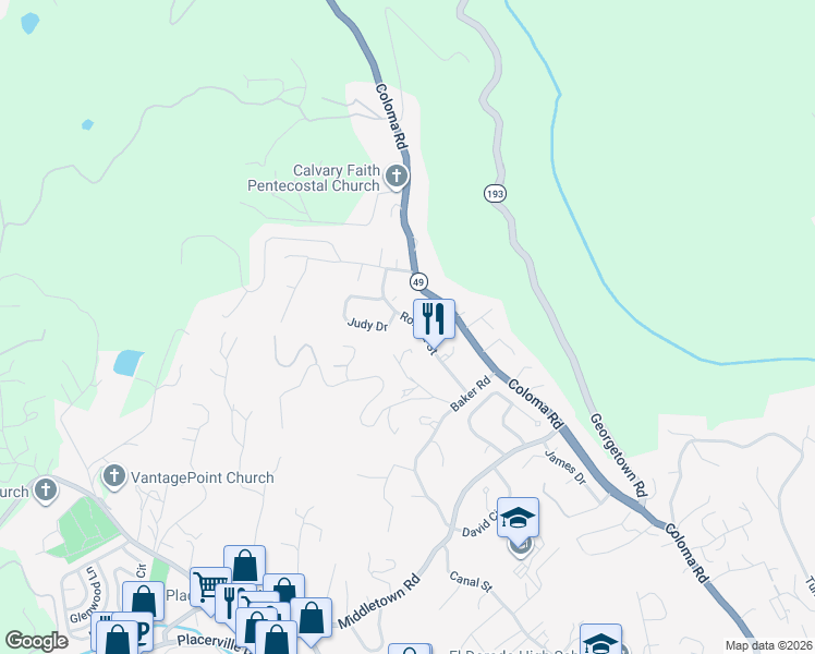 map of restaurants, bars, coffee shops, grocery stores, and more near 242 Judy Dr in Placerville