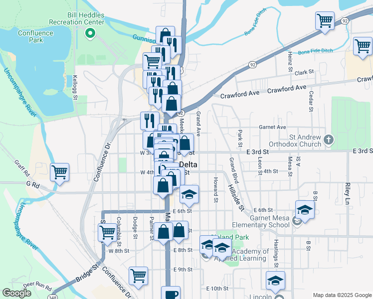 map of restaurants, bars, coffee shops, grocery stores, and more near 250 Meeker Street in Delta