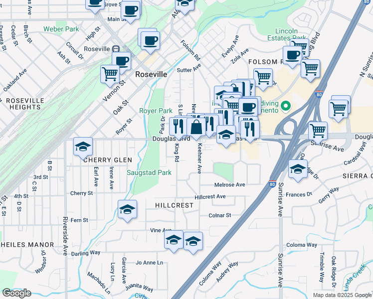 map of restaurants, bars, coffee shops, grocery stores, and more near 104 Keehner Avenue in Roseville