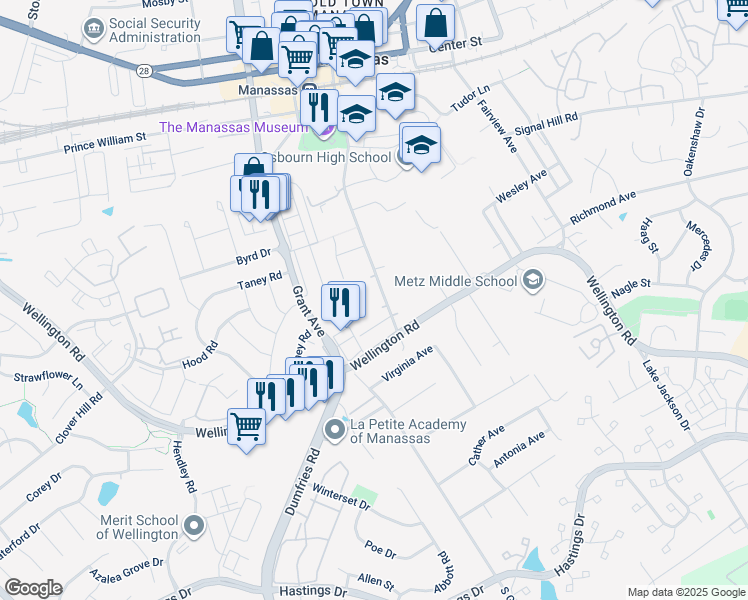 map of restaurants, bars, coffee shops, grocery stores, and more near 9000 Sandalwood Drive in Manassas