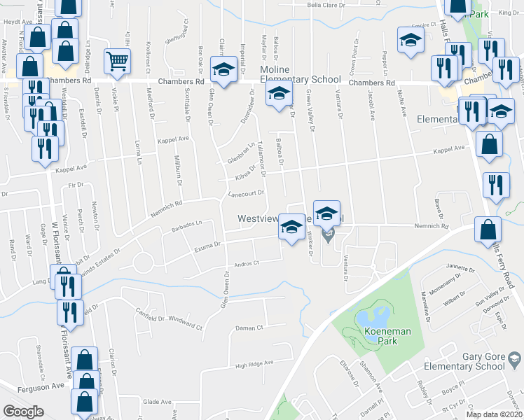 map of restaurants, bars, coffee shops, grocery stores, and more near 1861 Longford Drive in St. Louis