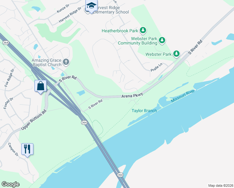 map of restaurants, bars, coffee shops, grocery stores, and more near 164 Woodland Place Court in Saint Charles