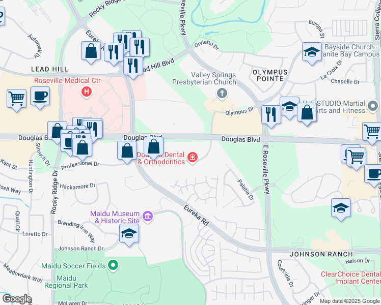 map of restaurants, bars, coffee shops, grocery stores, and more near 2260 Douglas Boulevard in Roseville