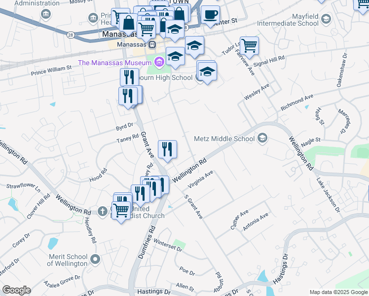 map of restaurants, bars, coffee shops, grocery stores, and more near 9000 Sandalwood Drive in Manassas