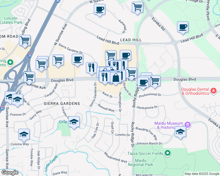 map of restaurants, bars, coffee shops, grocery stores, and more near 1850 Douglas Boulevard in Roseville