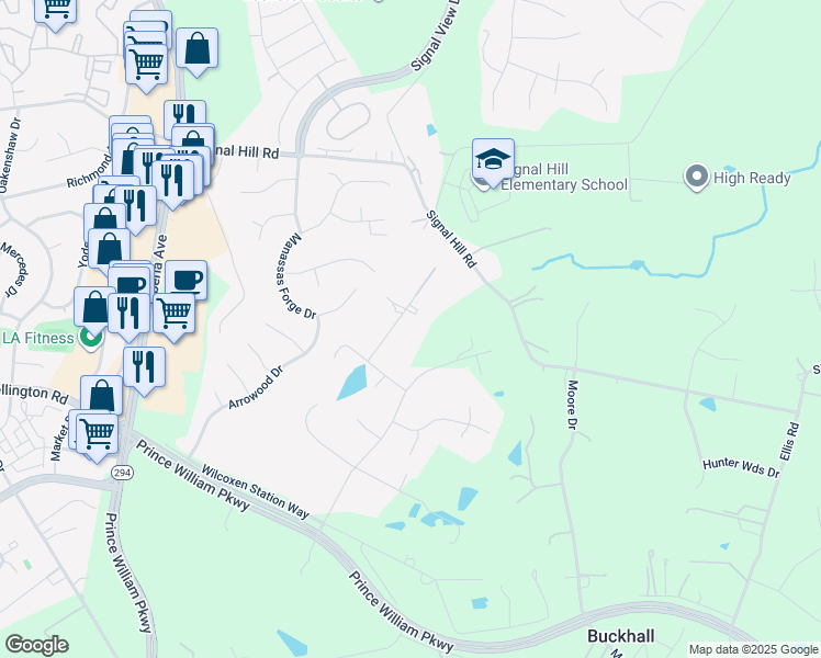 map of restaurants, bars, coffee shops, grocery stores, and more near 9805 Cisler Lane in Manassas