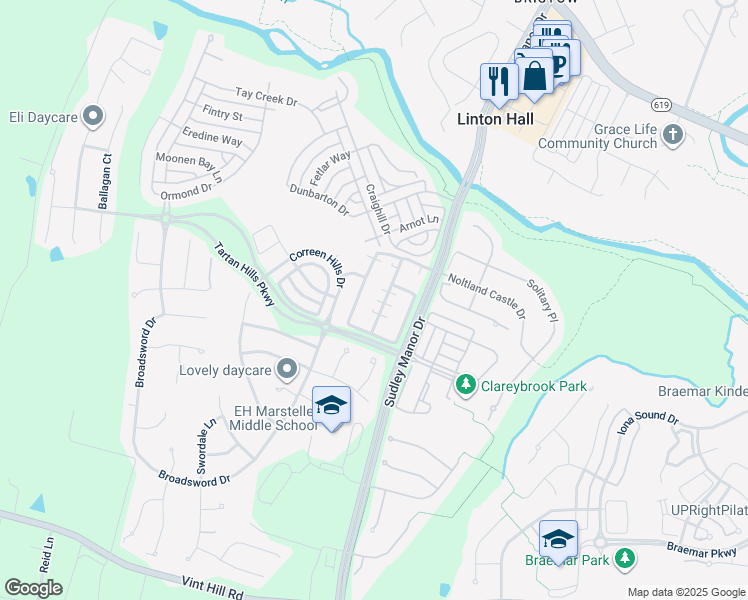 map of restaurants, bars, coffee shops, grocery stores, and more near 10034 Pentland Hills Way in Bristow