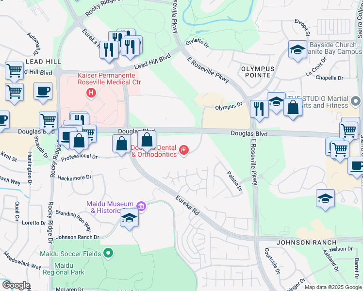 map of restaurants, bars, coffee shops, grocery stores, and more near 2260 Douglas Boulevard in Roseville