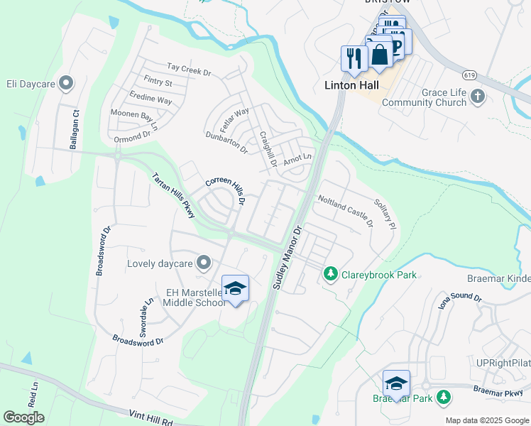 map of restaurants, bars, coffee shops, grocery stores, and more near 10034 Pentland Hills Way in Bristow