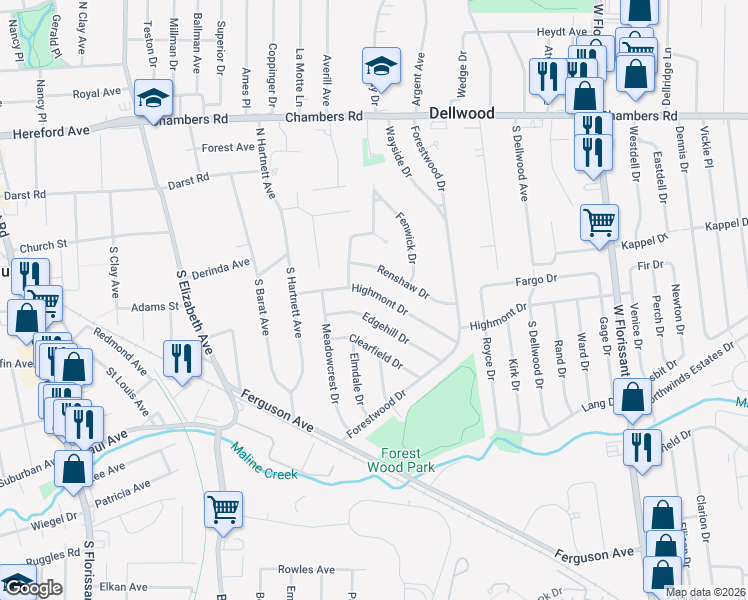 map of restaurants, bars, coffee shops, grocery stores, and more near 1024 Highmont Drive in Ferguson
