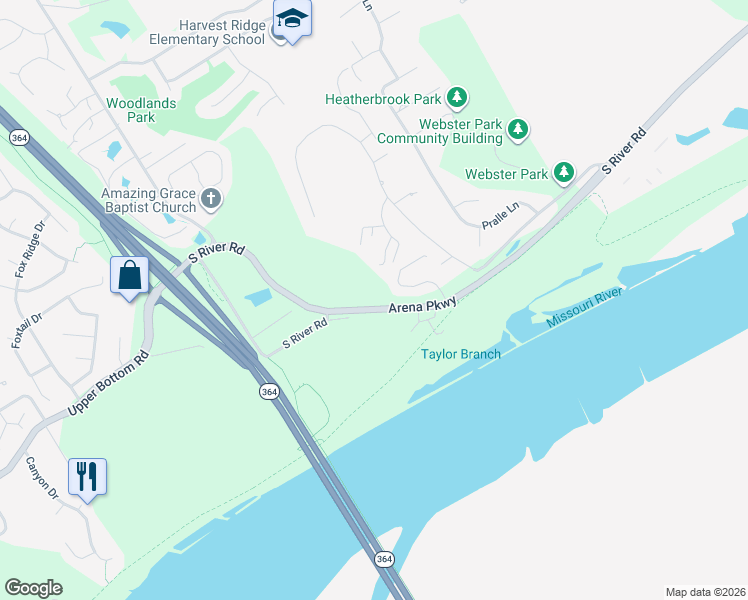 map of restaurants, bars, coffee shops, grocery stores, and more near 2700 Arena Parkway in Saint Charles