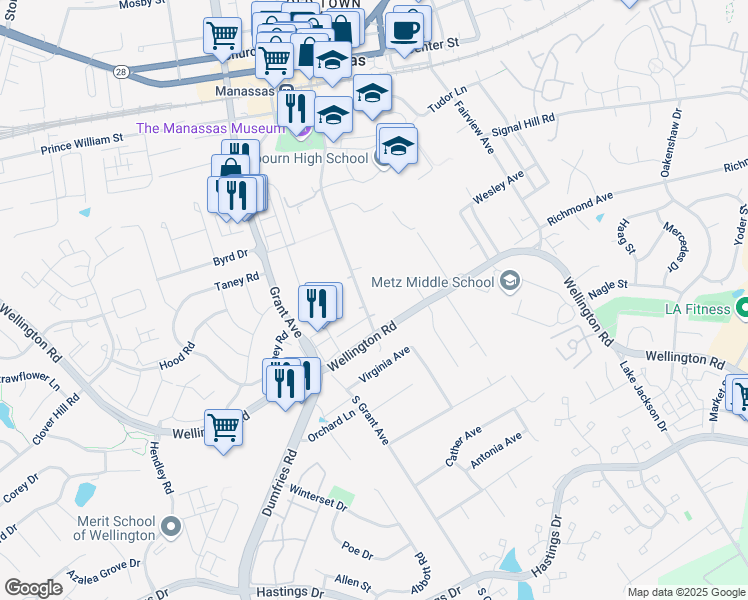 map of restaurants, bars, coffee shops, grocery stores, and more near 8987 Wood Drift Circle in Manassas