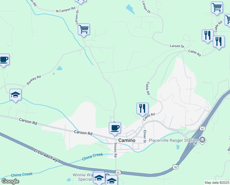 map of restaurants, bars, coffee shops, grocery stores, and more near 2781 Larsen Drive in Camino