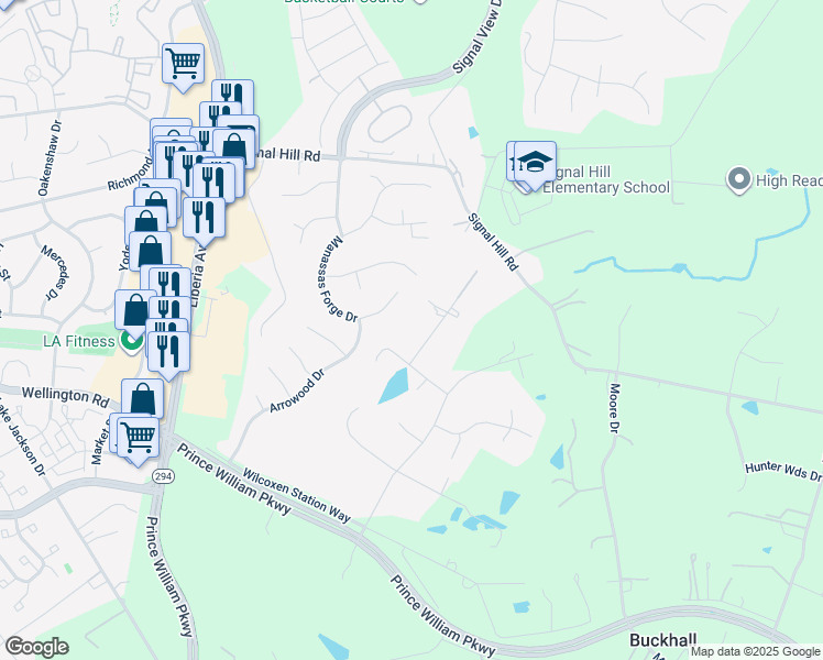 map of restaurants, bars, coffee shops, grocery stores, and more near 9806 Cisler Lane in Manassas