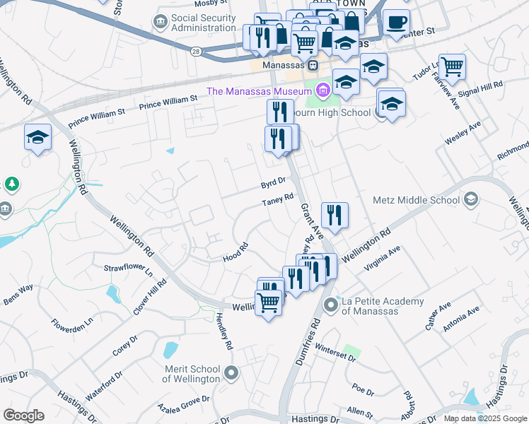 map of restaurants, bars, coffee shops, grocery stores, and more near 9808 Maury Lane in Manassas