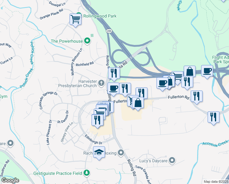 map of restaurants, bars, coffee shops, grocery stores, and more near 7901 Rolling Road in Springfield