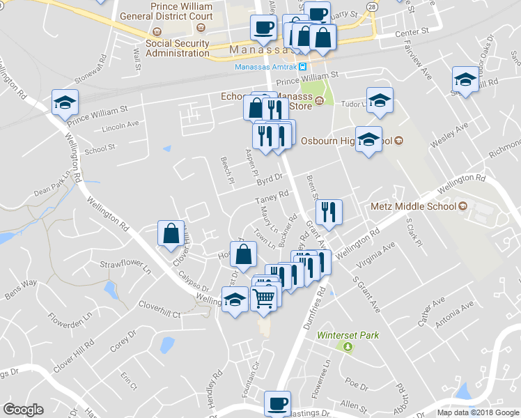map of restaurants, bars, coffee shops, grocery stores, and more near 9808 Maury Lane in Manassas