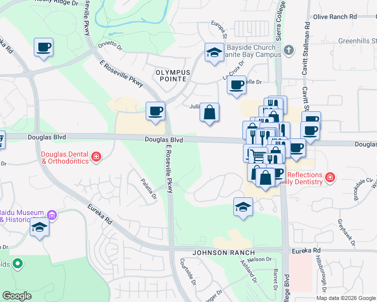 map of restaurants, bars, coffee shops, grocery stores, and more near 3200 Douglas Boulevard in Roseville
