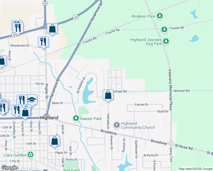 map of restaurants, bars, coffee shops, grocery stores, and more near 603 West Pike Drive in Highland