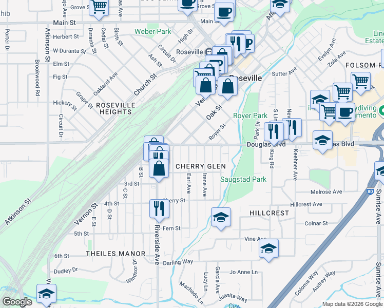 map of restaurants, bars, coffee shops, grocery stores, and more near 108 Irene Avenue in Roseville