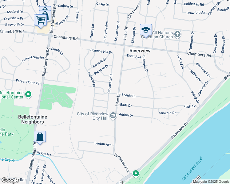 map of restaurants, bars, coffee shops, grocery stores, and more near 9809 Lilac Drive in St. Louis