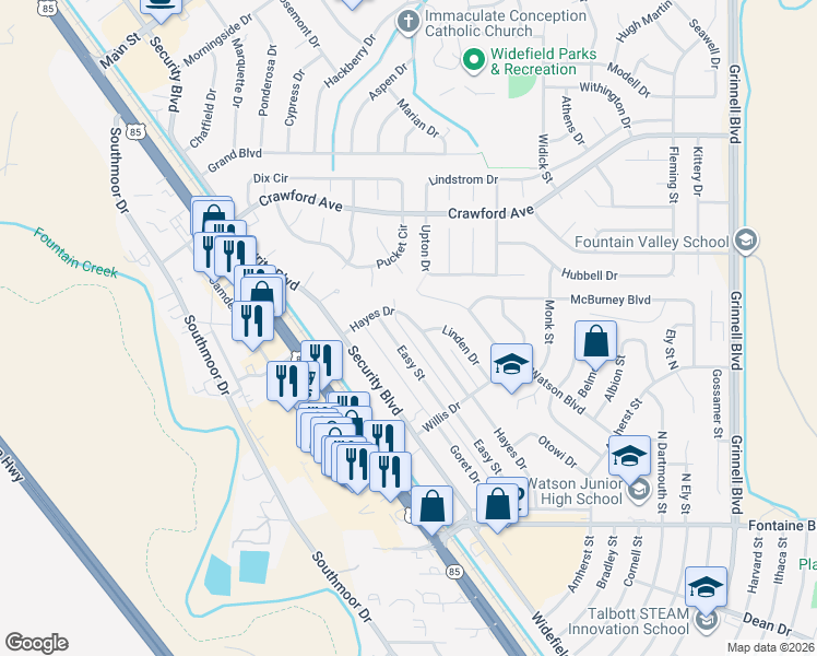 map of restaurants, bars, coffee shops, grocery stores, and more near 131 Hayes Drive in Colorado Springs