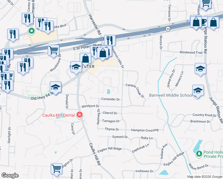 map of restaurants, bars, coffee shops, grocery stores, and more near 1505 Summergate Parkway in St. Peters
