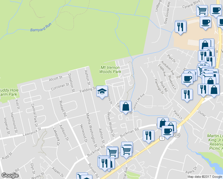 map of restaurants, bars, coffee shops, grocery stores, and more near 3919 Manzanita Place in Alexandria