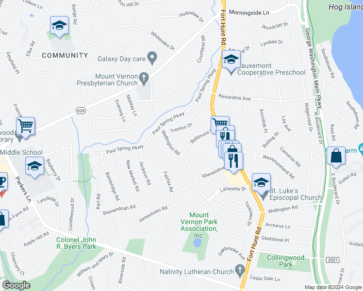 map of restaurants, bars, coffee shops, grocery stores, and more near 7904 Penn Place in Alexandria