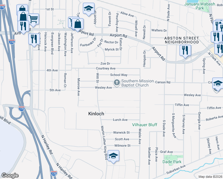 map of restaurants, bars, coffee shops, grocery stores, and more near 8174 Wesley Avenue in Kinloch