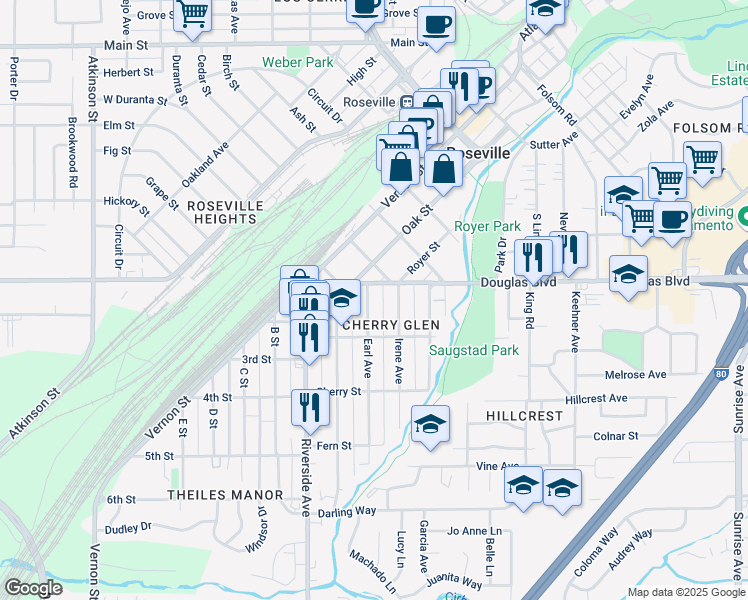 map of restaurants, bars, coffee shops, grocery stores, and more near 119 Earl Avenue in Roseville