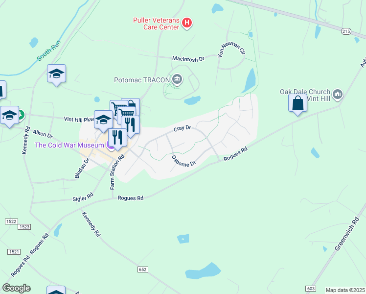 map of restaurants, bars, coffee shops, grocery stores, and more near 4059 Shrayer Court in Warrenton