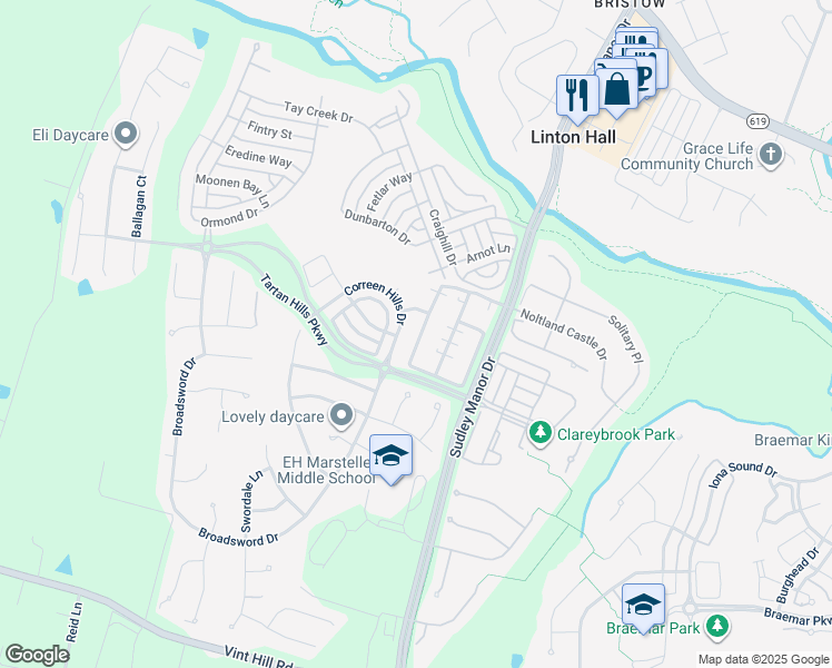 map of restaurants, bars, coffee shops, grocery stores, and more near 10068 Orland Stone Drive in Bristow