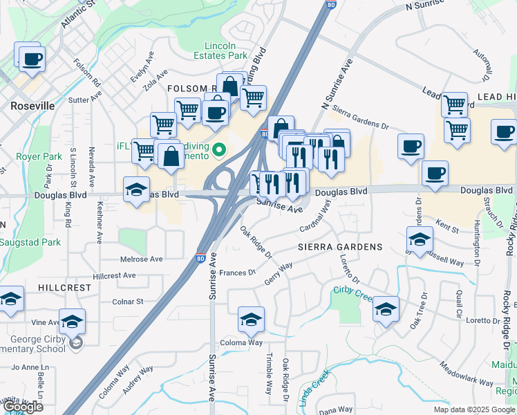 map of restaurants, bars, coffee shops, grocery stores, and more near 201-B Sunrise Avenue in Roseville