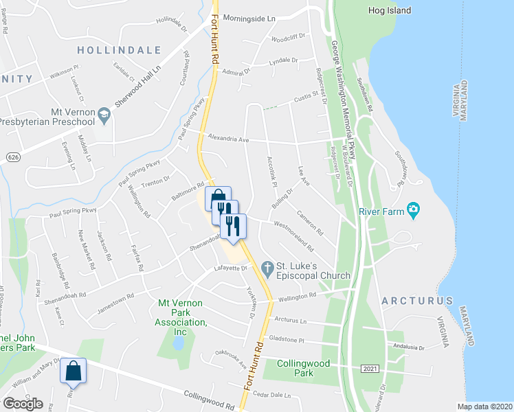 map of restaurants, bars, coffee shops, grocery stores, and more near 1233 Shenandoah Road in Alexandria